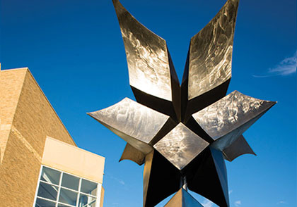 Sculpture on campus. Links to Gifts of Life Insurance